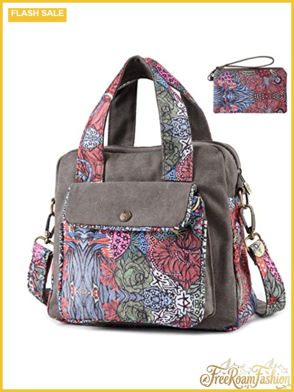 Boho Floral Cotton Canvas Crossbody Shoulder Bag Purse